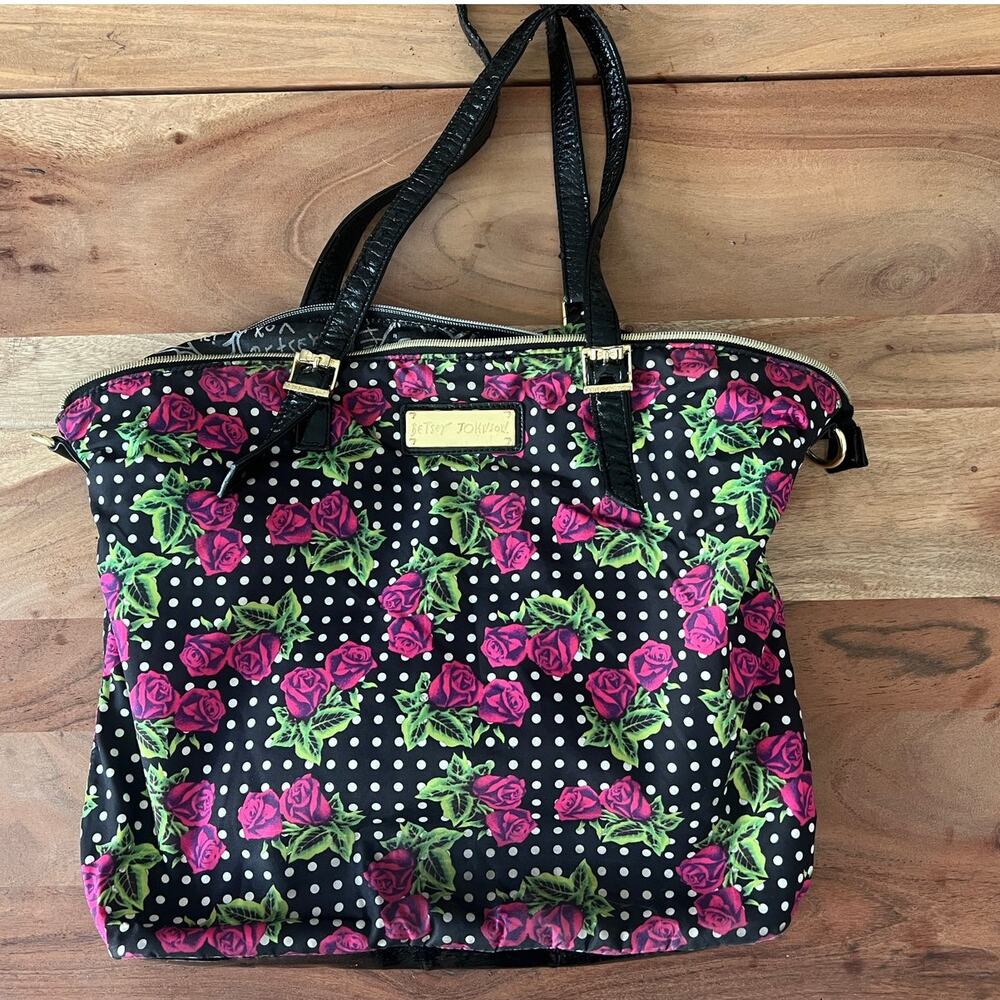 Betsy Johnson Vintage Y2K Dotty Tin Can Rose Black Tote Bag Purse large